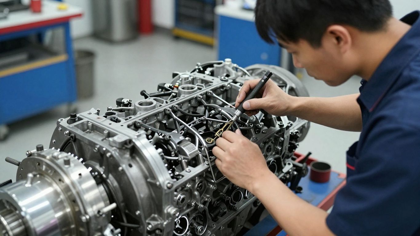 Ein Mechaniker arbeitet konzentriert an einem modernen Fahrzeugmotor
