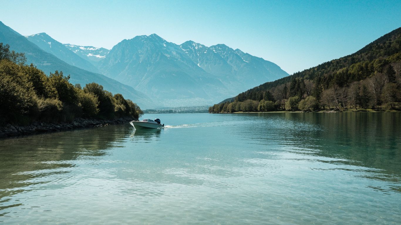 Small boat crossing a clear alpine lake