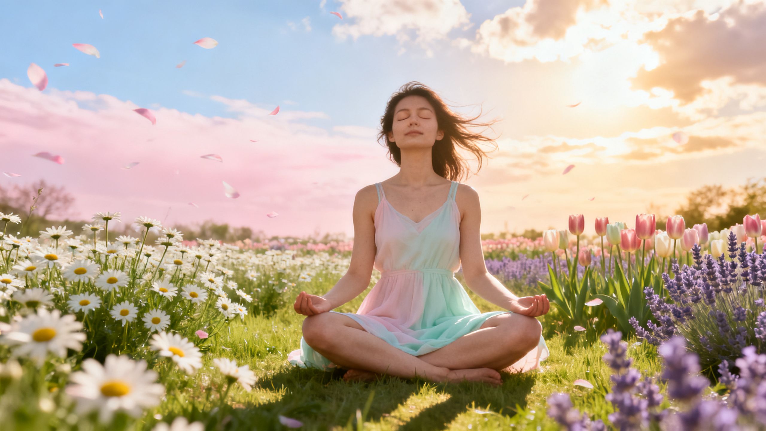 Une femme respirant sereinement dans un champ de fleurs au printemps, symbolisant le soulagement des allergies grâce aux solutions naturelles.