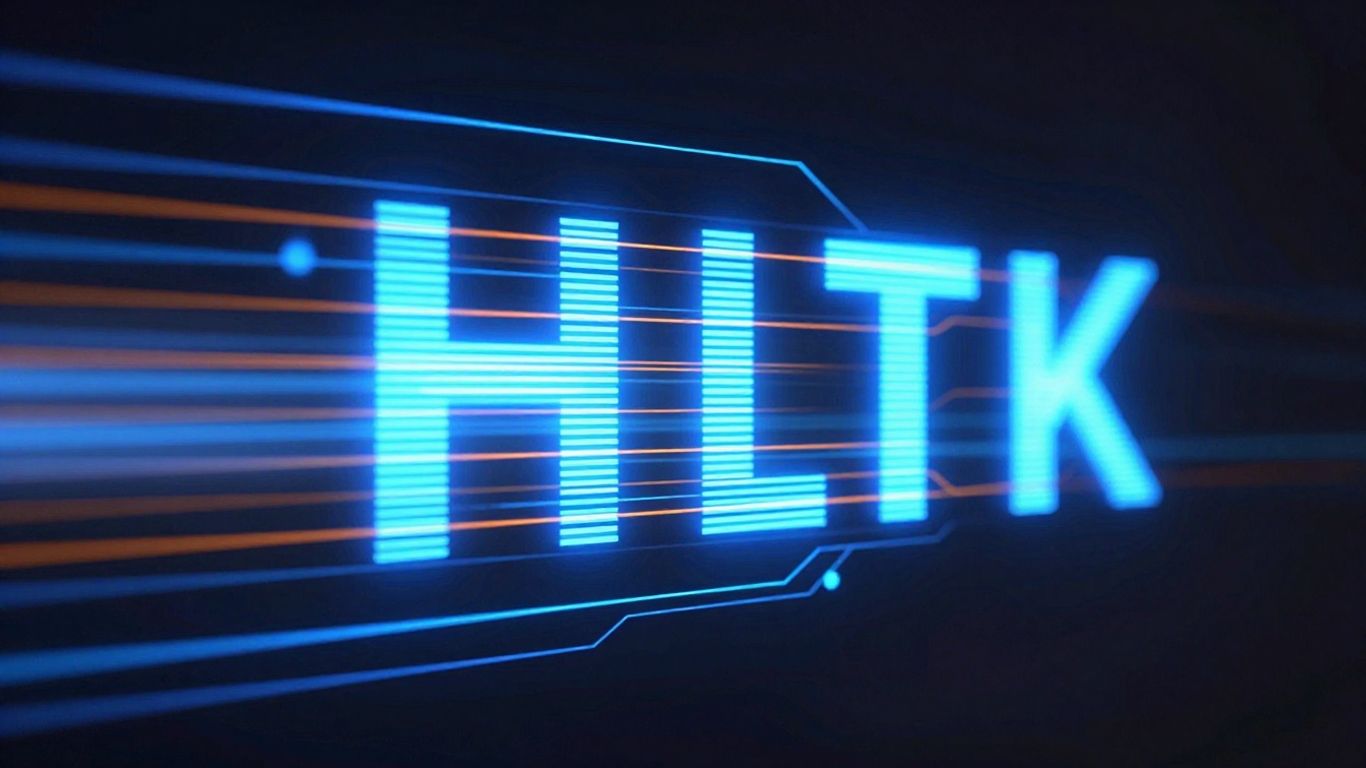 Stylized glowing digital pixel with light trails.