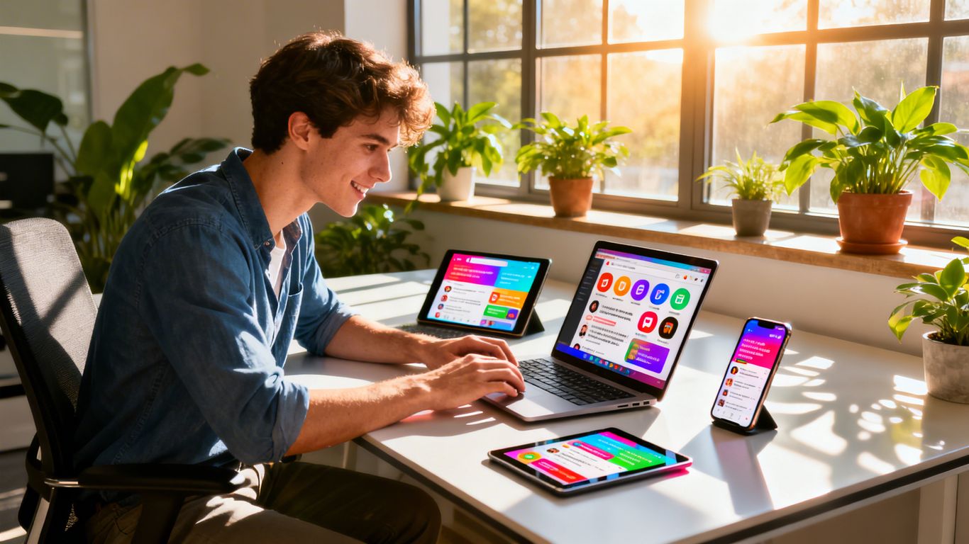 Professional using devices with social media feeds at desk