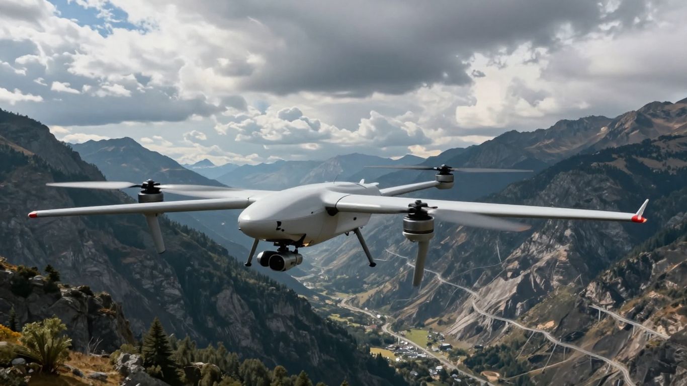 VTOL drone surveying mountains and infrastructure