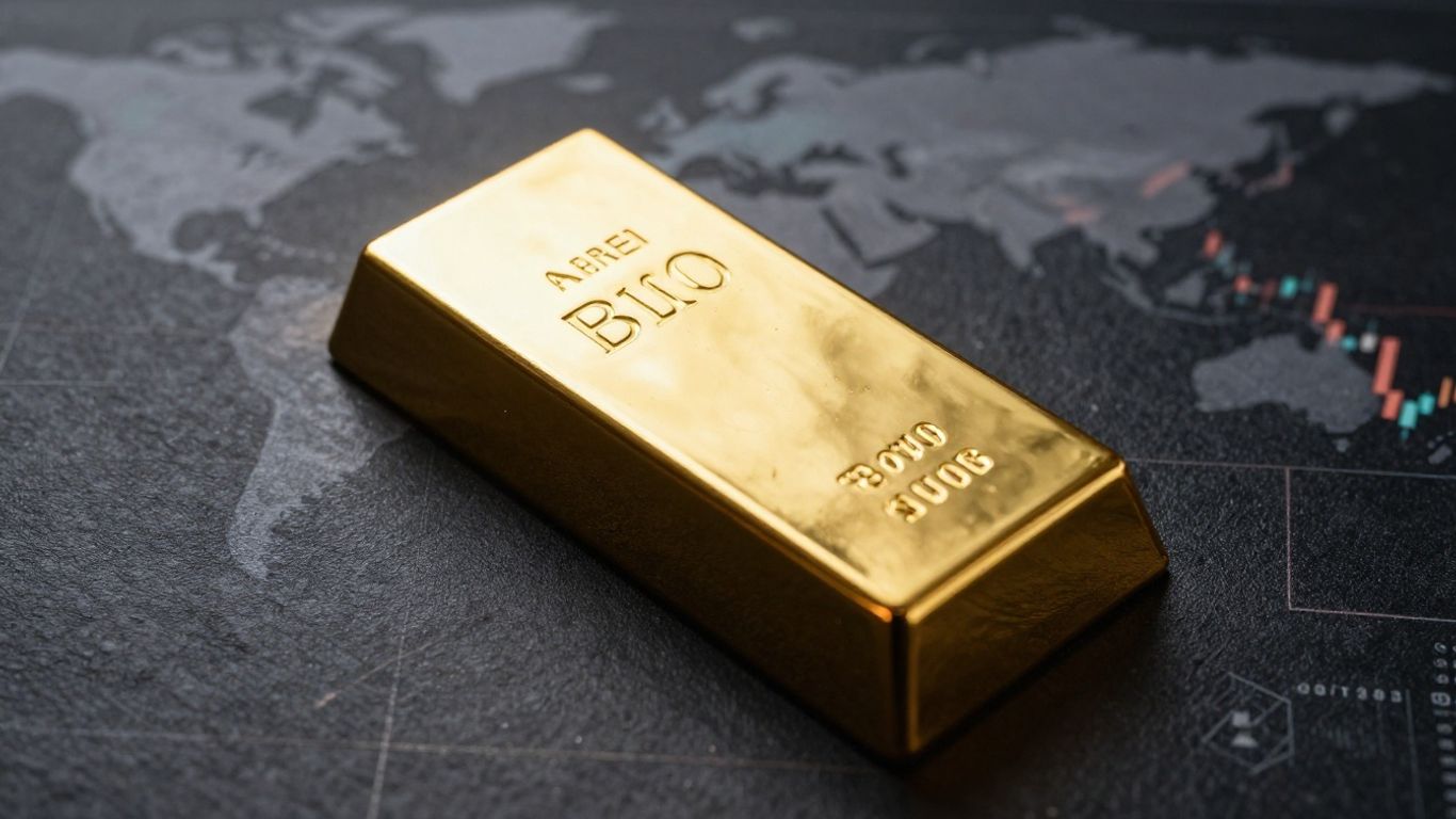 Lingot d'or sur fond abstrait de cartes et graphiques.