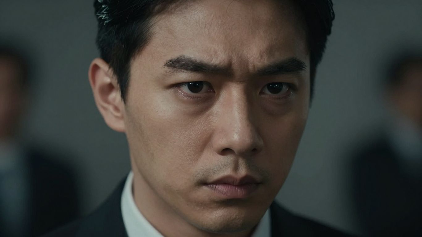 Intense close-up of a broker in a dramatic kdrama.