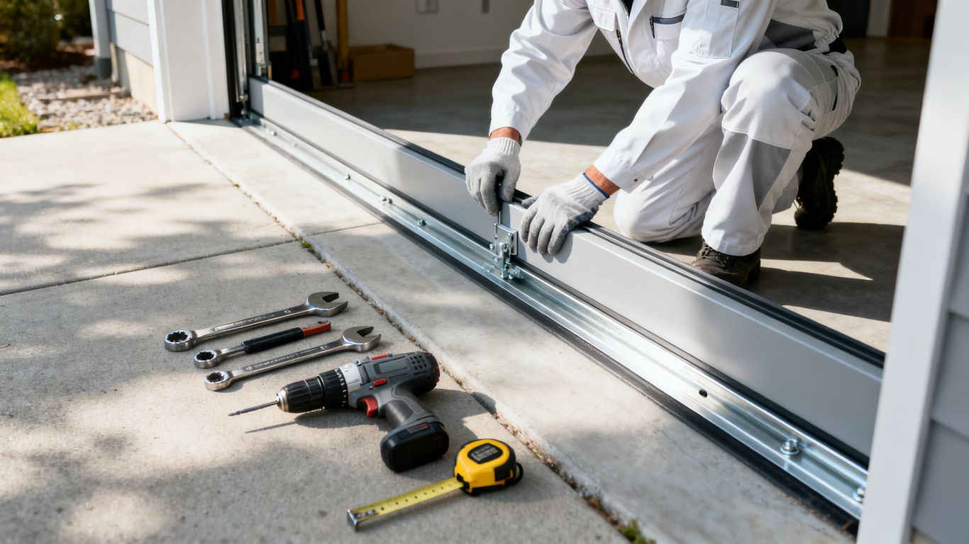 A technician installing a modern garage door