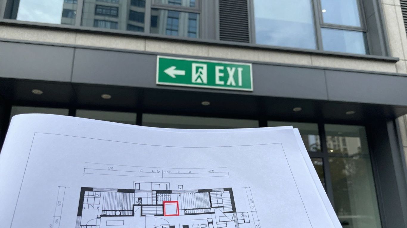 Commercial building safety compliance with fire exits and blueprints.