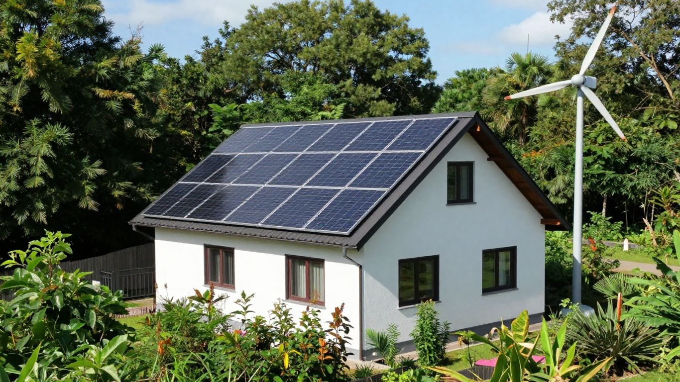 Maison autonome avec panneaux solaires et éolienne.