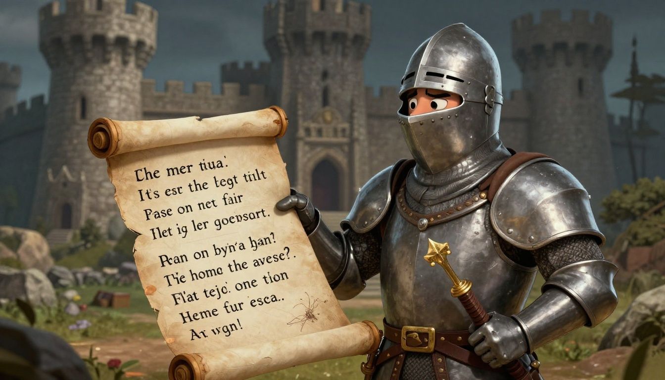 A cartoon-style medieval knight looking confused at a scroll covered in puns, with a castle from Age of Empires in the background.