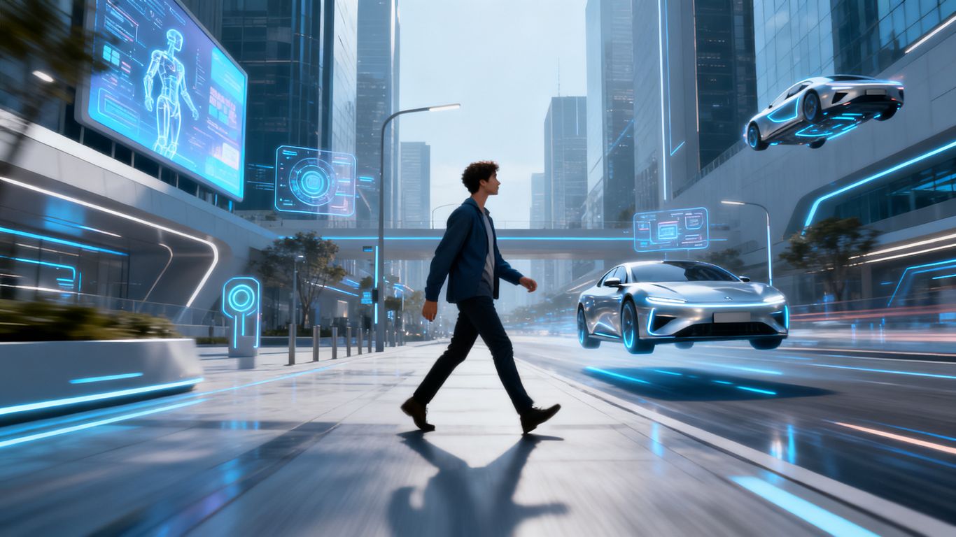 Person moving through a futuristic city with AI elements.