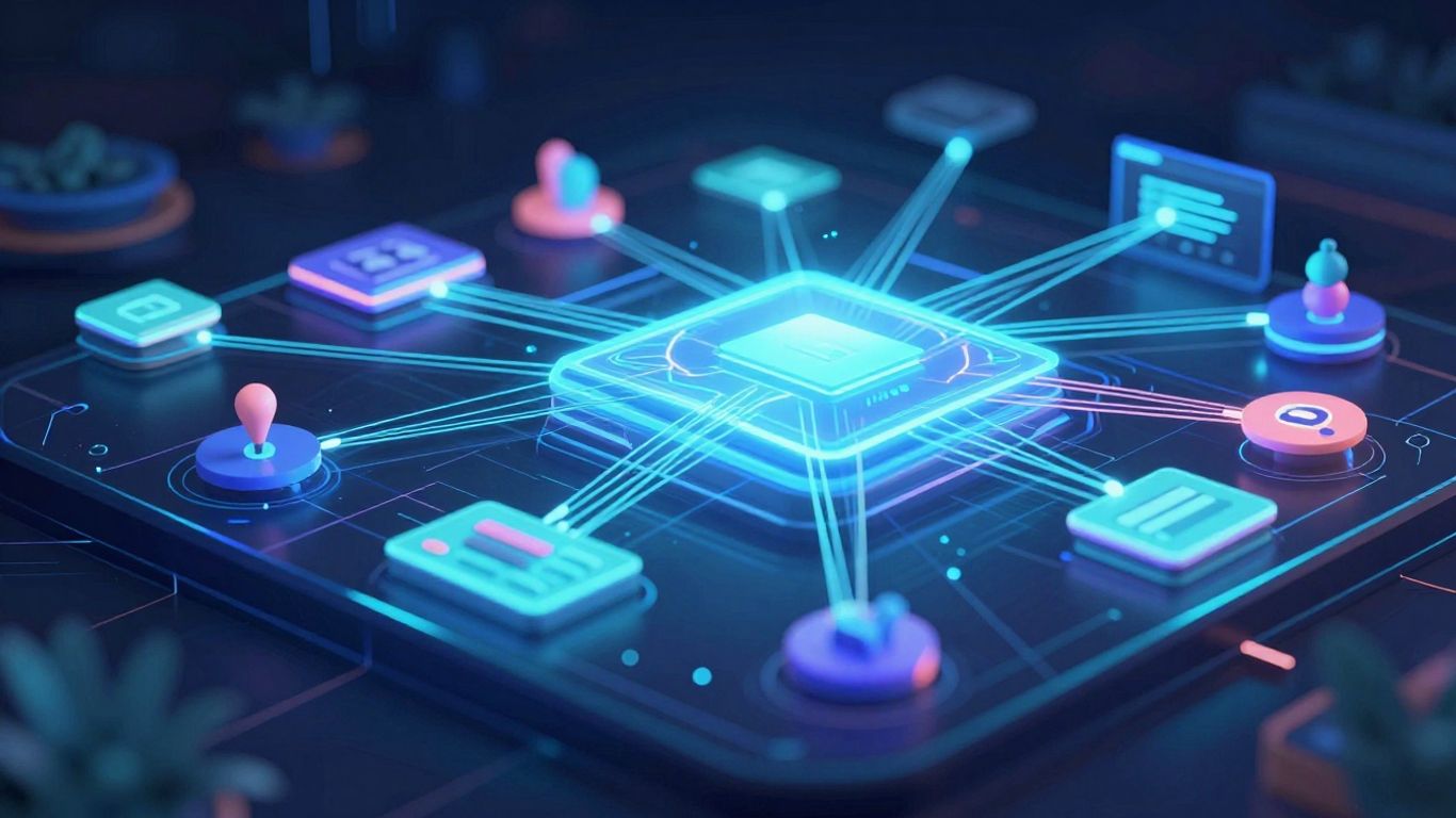 AI website builder interface with glowing digital connections.