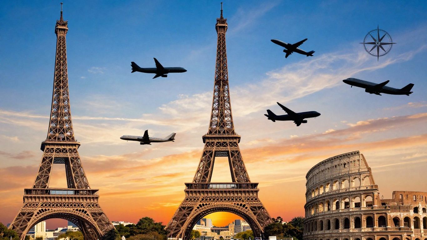 European landmarks and airplanes, travel concept.