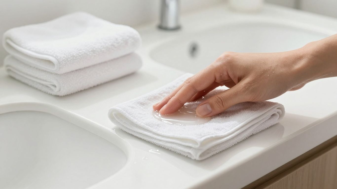 Hands cleaning lubricant from a white bathroom counter