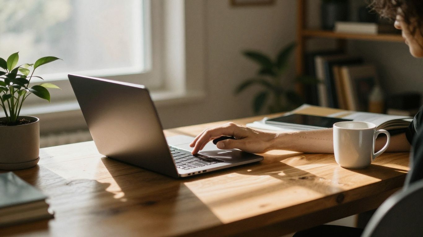 Person working on laptop, sunlight, coffee, plant.