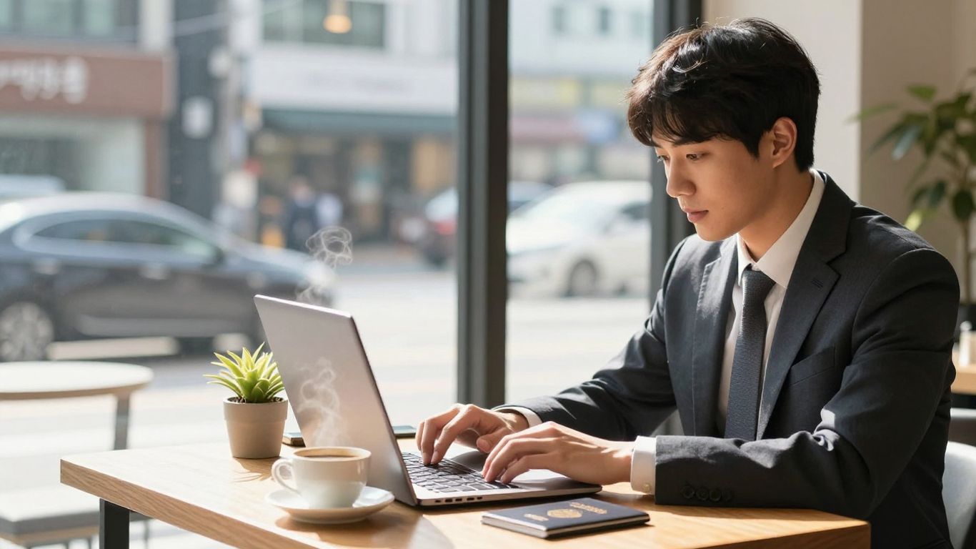 Digital nomad working in a Seoul cafe with laptop and passport.
