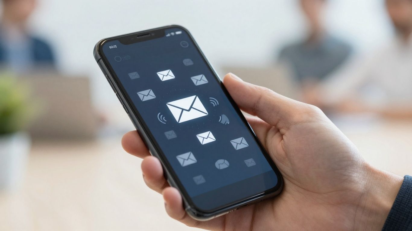 Hand holding phone with many outgoing email icons.