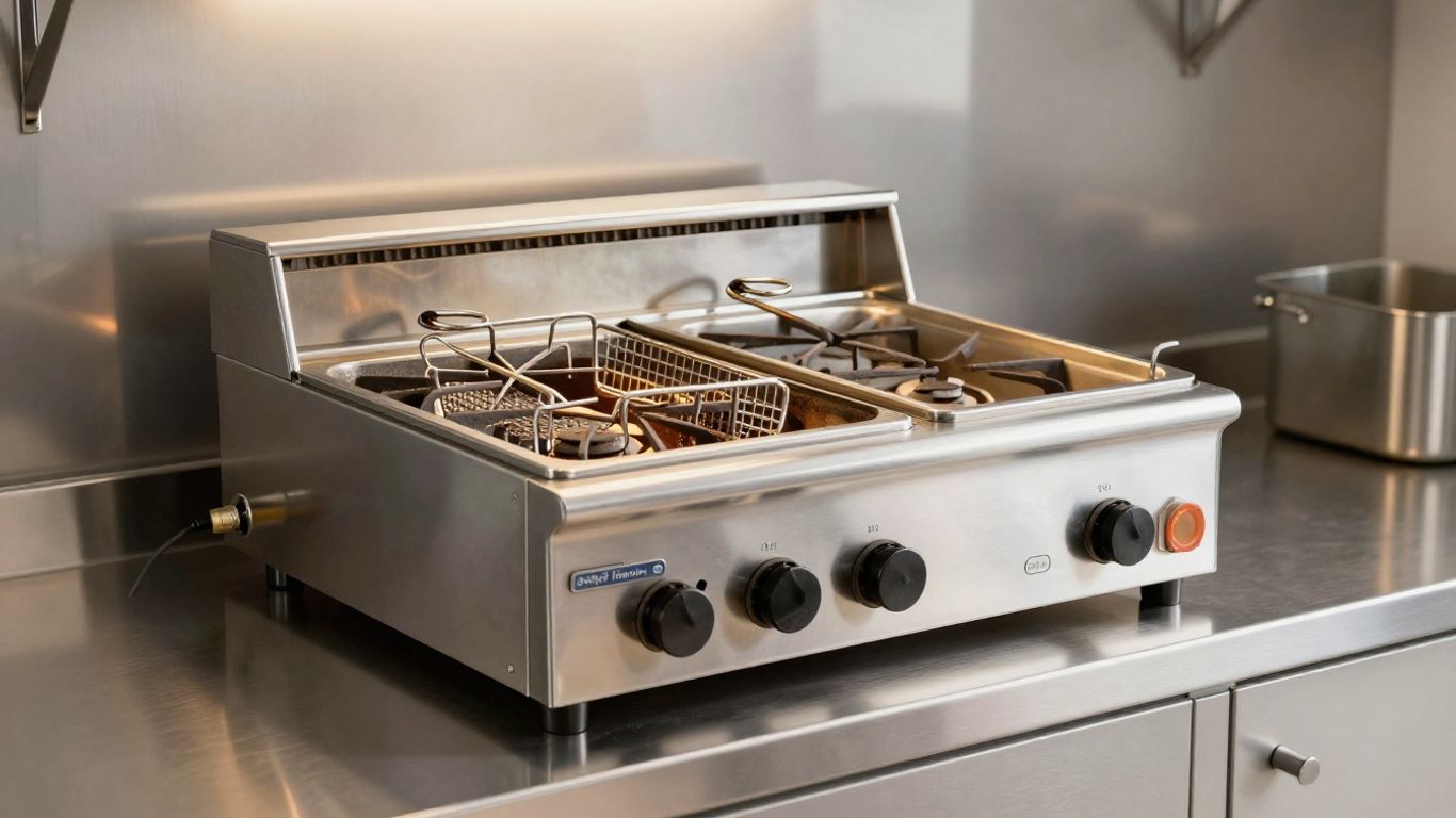 Commercial gas fryer in a UK kitchen.