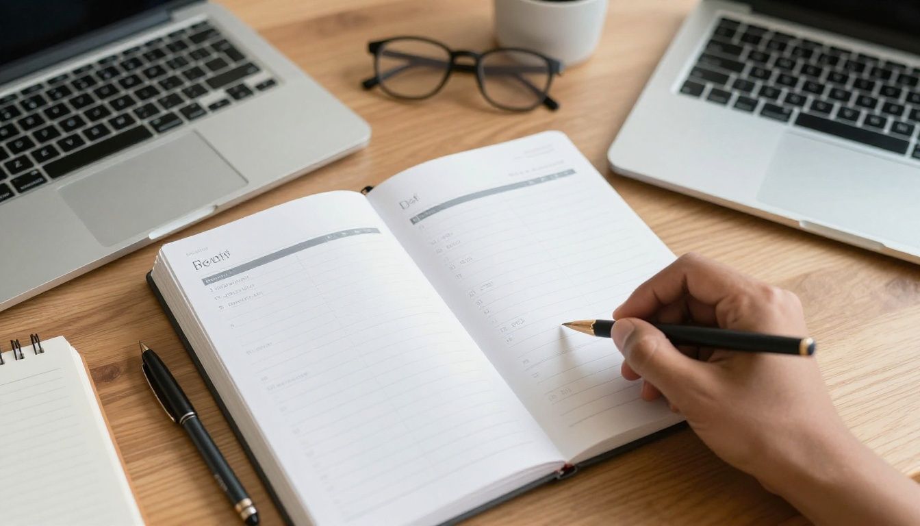 A diverse entrepreneur reviewing a focused weekly plan at a desk with a calendar, notebook, and laptop, warm natural light, no visible text