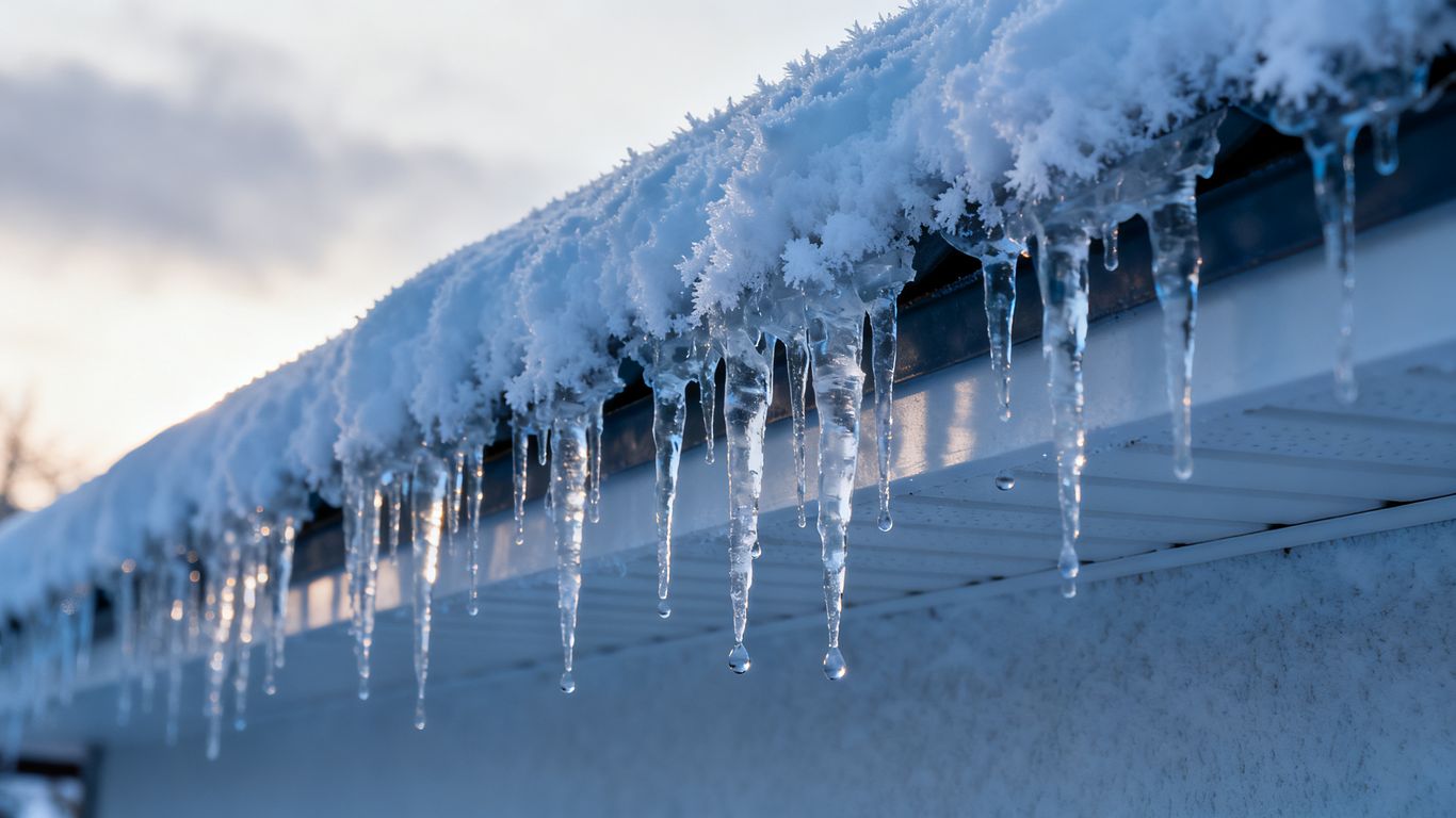 Icicles on a snow-covered roof in winter.