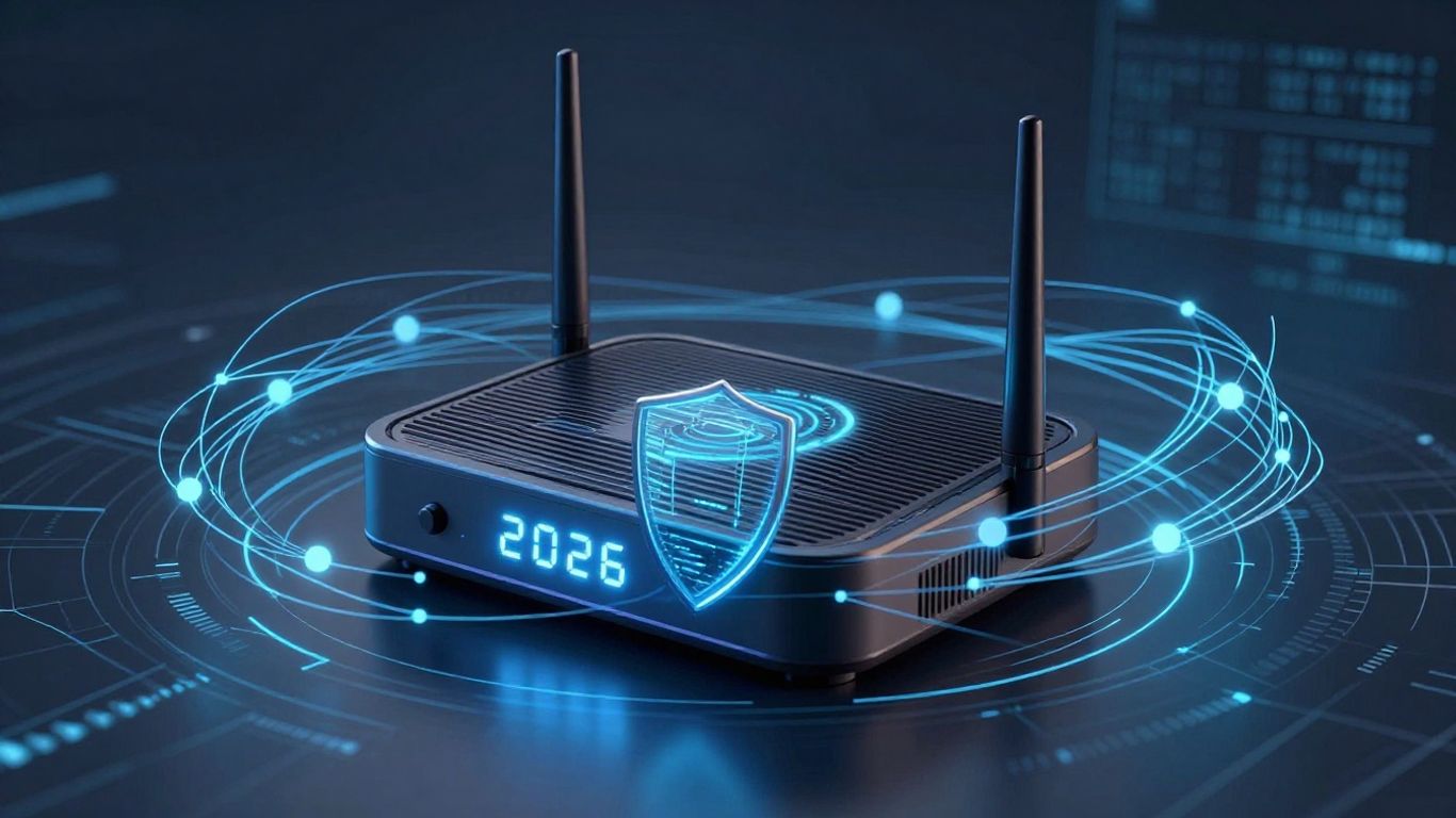 Roteador Wi-Fi seguro com escudo digital e linhas de rede.