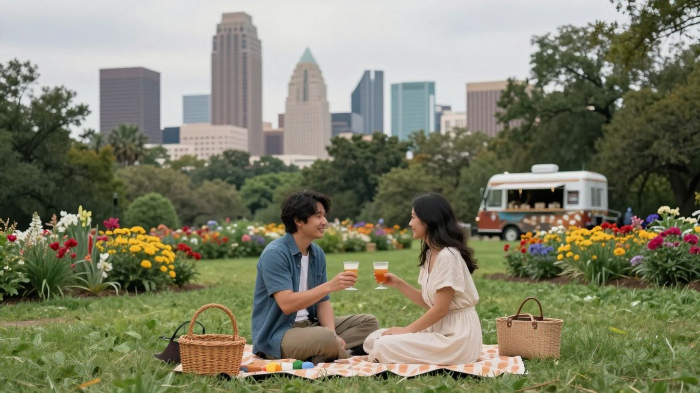 Couple picnicking in Austin park with city skyline