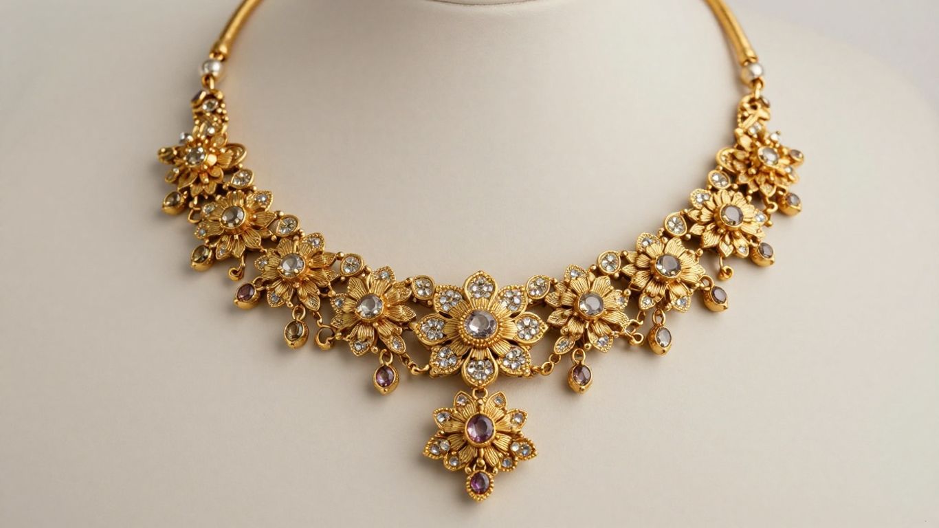Intricate long gold Haram necklace with gemstones.