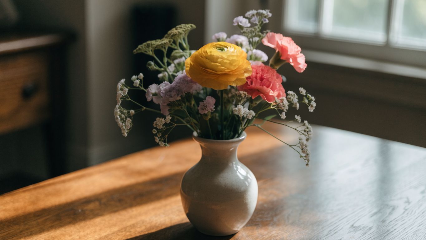 Bright flowers arranged in a calm, colorful room