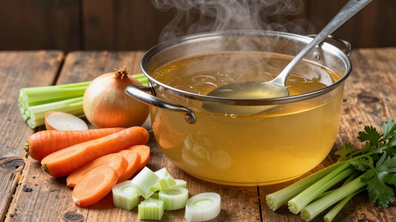Steaming broth with fresh aromatic vegetables and a ladle.