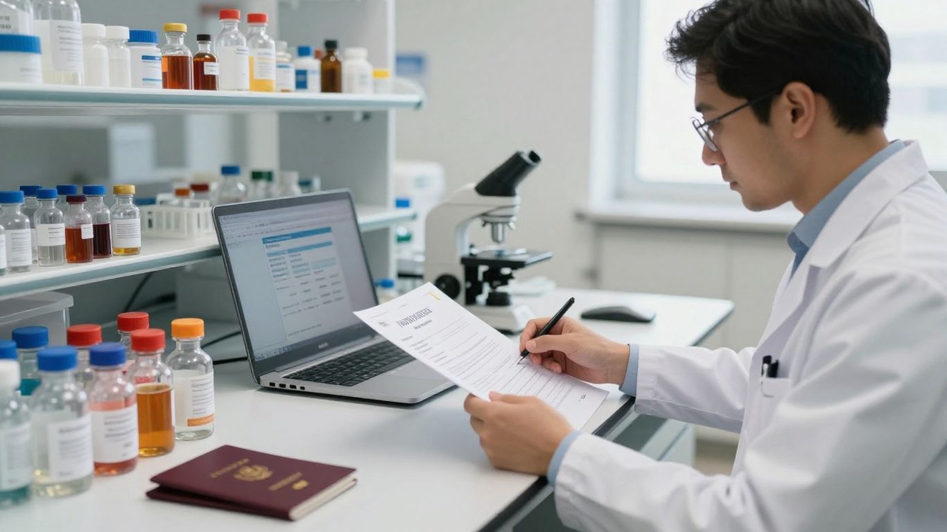 Laboratory technician reviewing documents in Dubai
