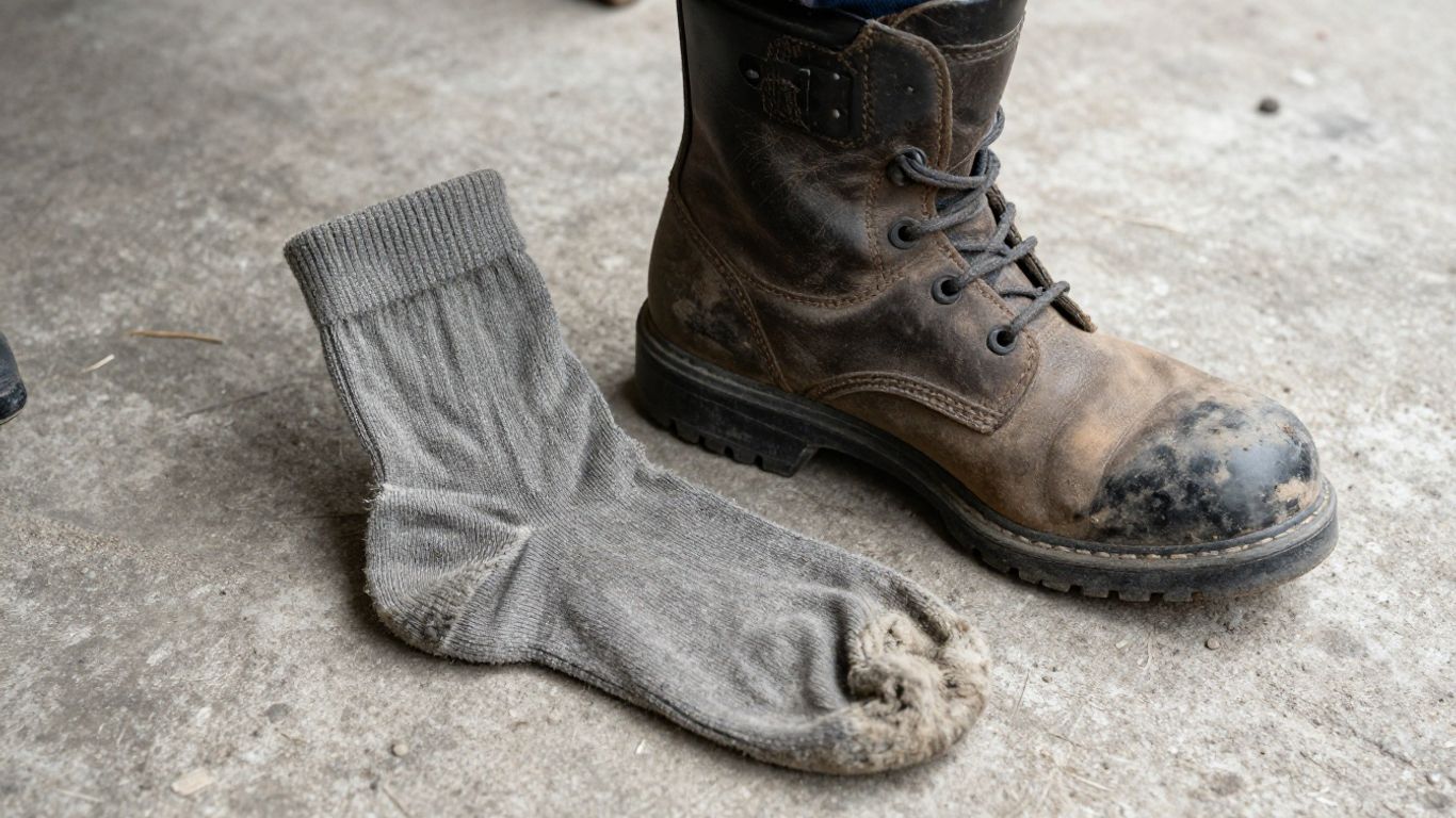 A close-up of worn-out, thin cotton work socks