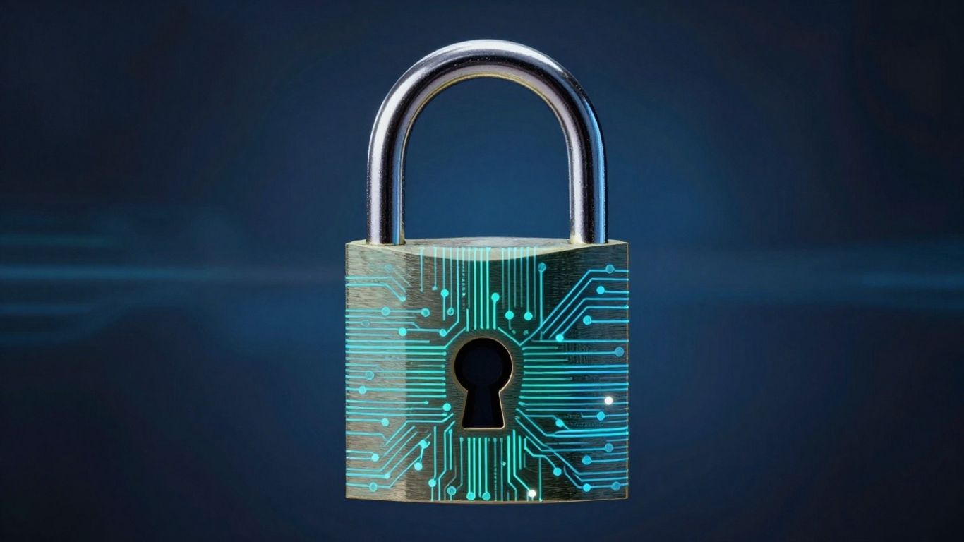 Digital padlock securing cyber data.
