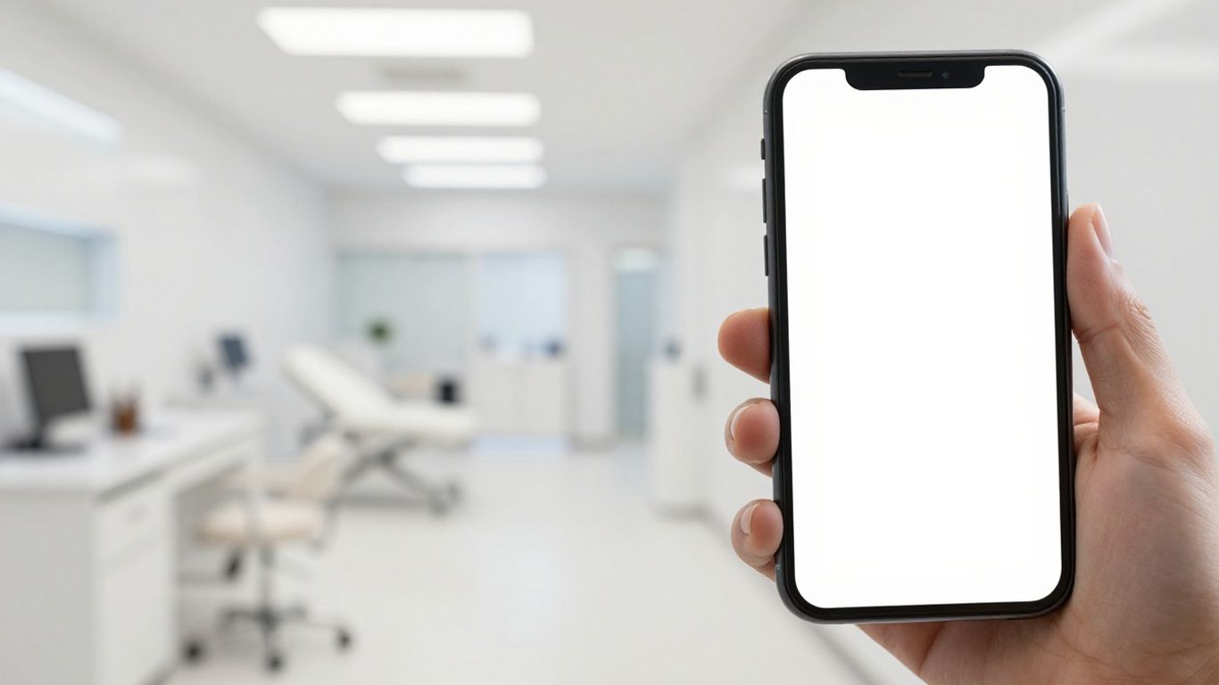 Aesthetic clinic interior and a hand holding a smartphone.
