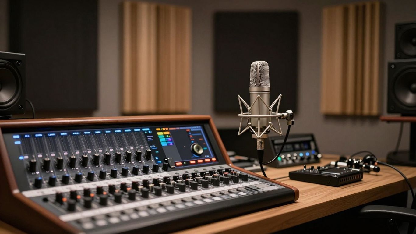 Modern music studio with audio equipment and microphone.