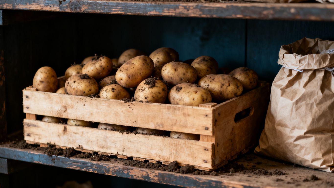 Donkere voorraad met biologische aardappelen