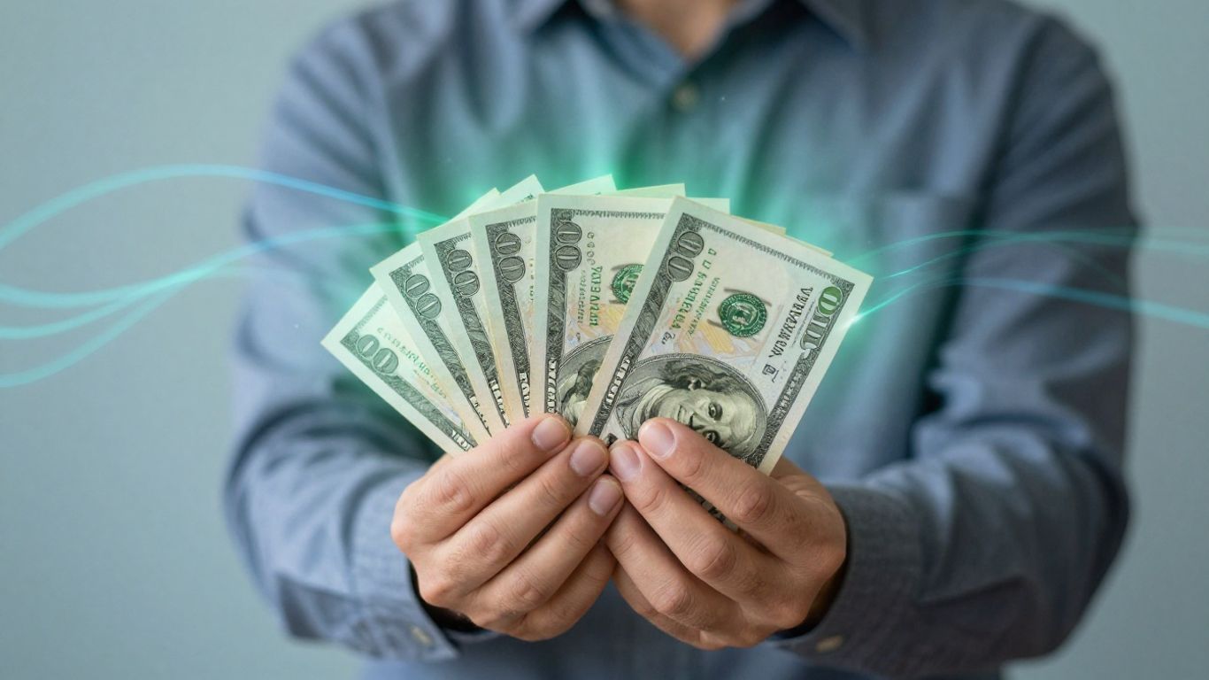 Person holding cash with financial light streaks.