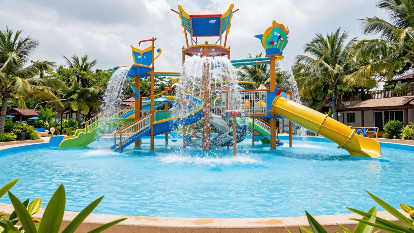 Colorful splash park with water features