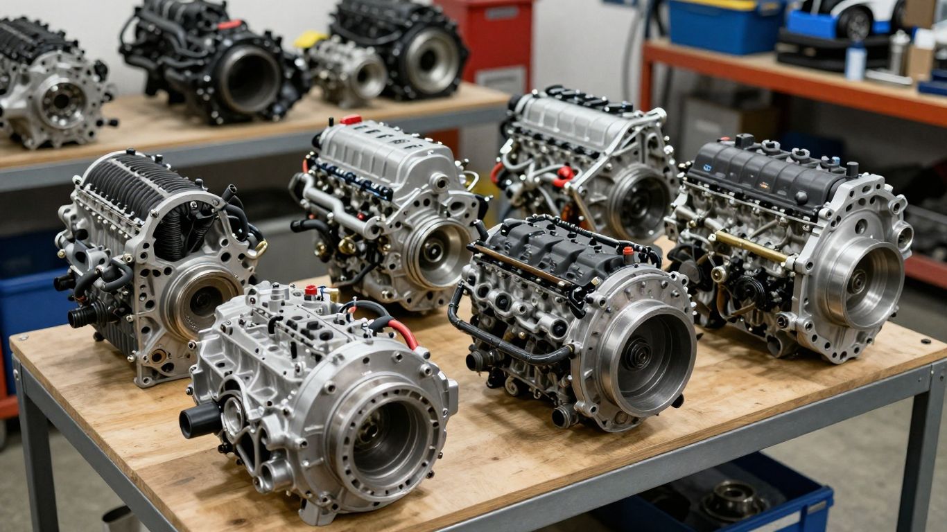 Mitsubishi engines and gearboxes on workshop shelves