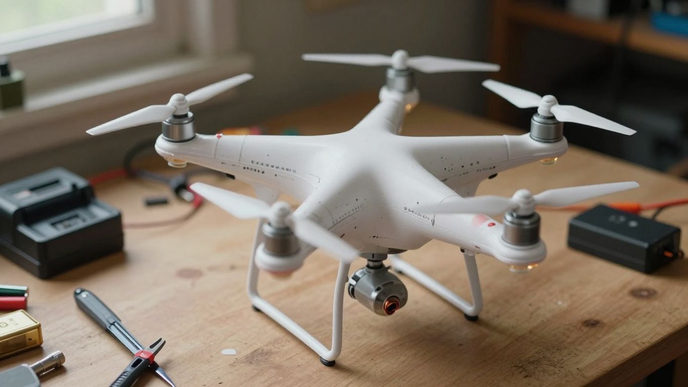 Used white quadcopter on a workbench