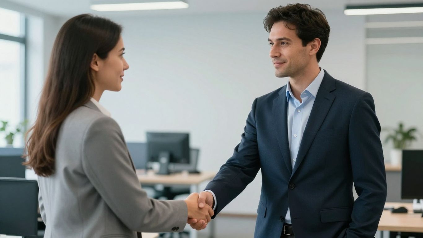 Zwei Personen schütteln sich die Hände im Büro.