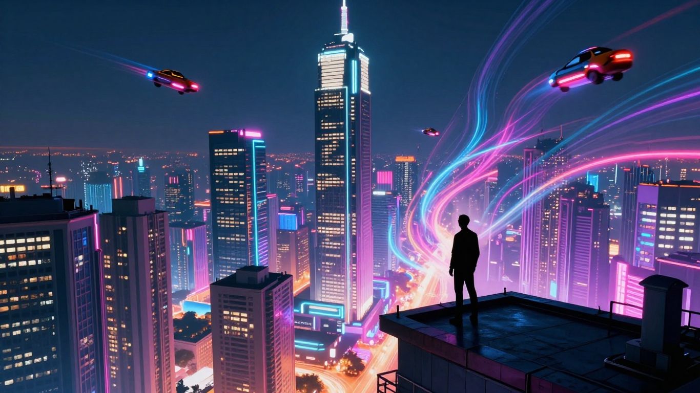 Futuristic cityscape with neon lights and flying vehicles.