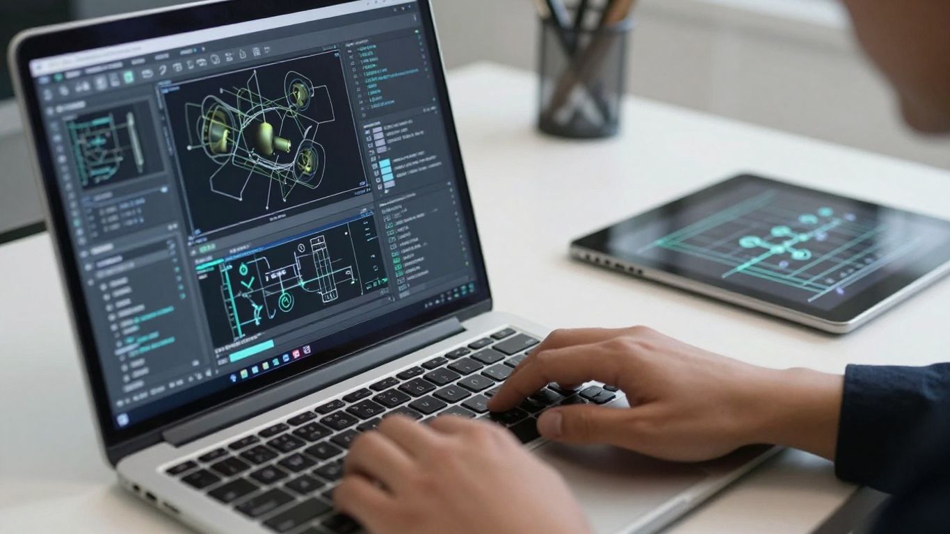 Engineers using CAD software on laptops and tablets.