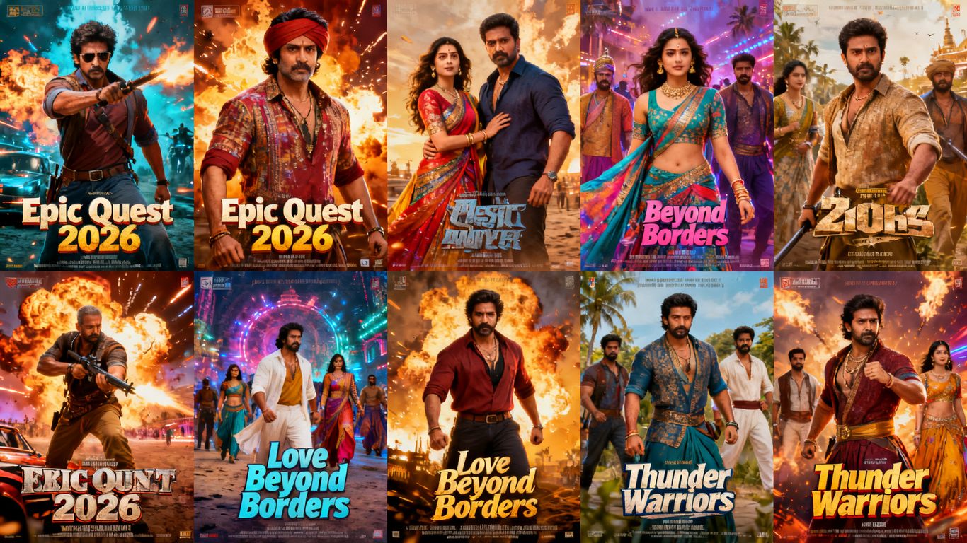 Collage of 2026 Indian movie posters with actors and action.