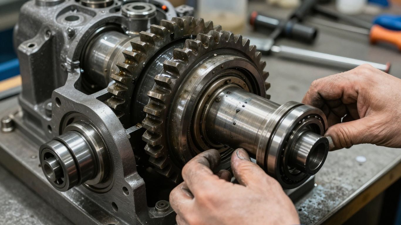 Close view of gearbox inspection and damaged components