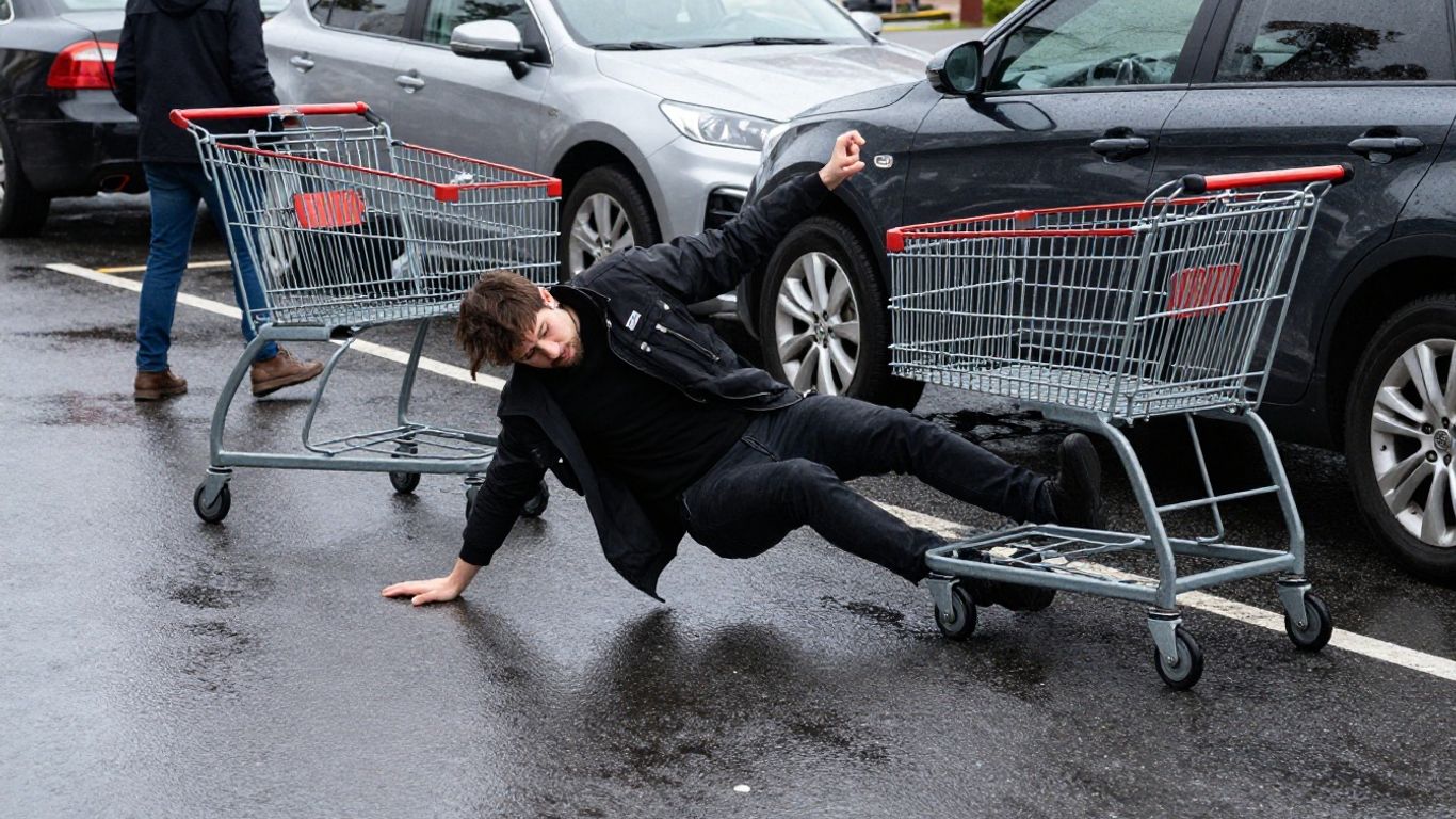 Person slipping in wet parking lot near cars