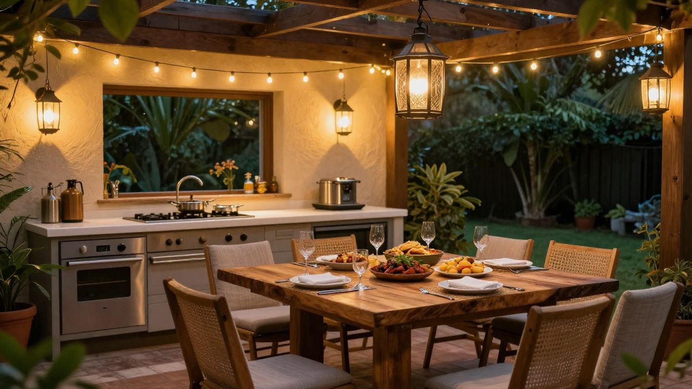Outdoor kitchen and dining area with string lights.