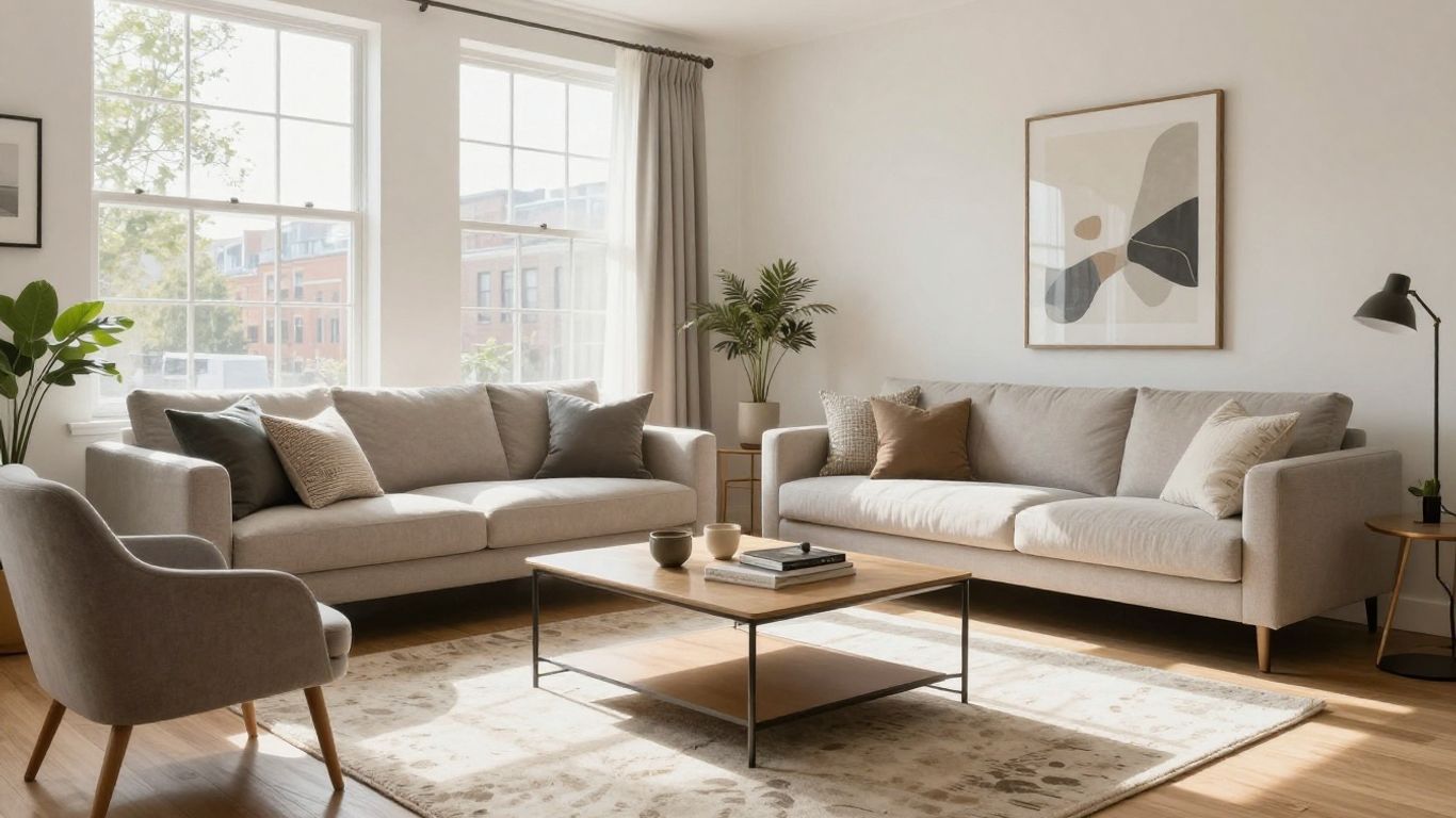 Modern furniture package in a sunlit Chicago apartment living room.