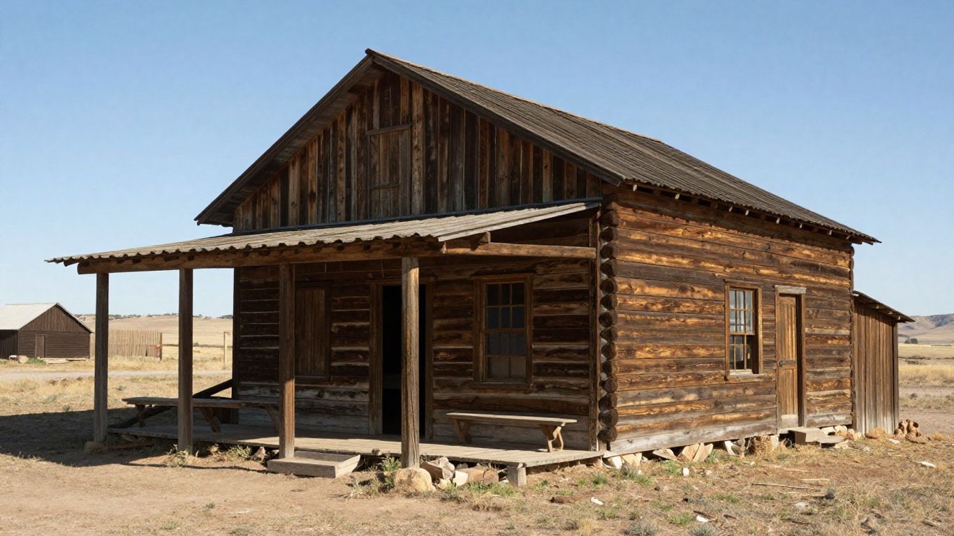 Historic wooden trading post in a vast, sunlit landscape.