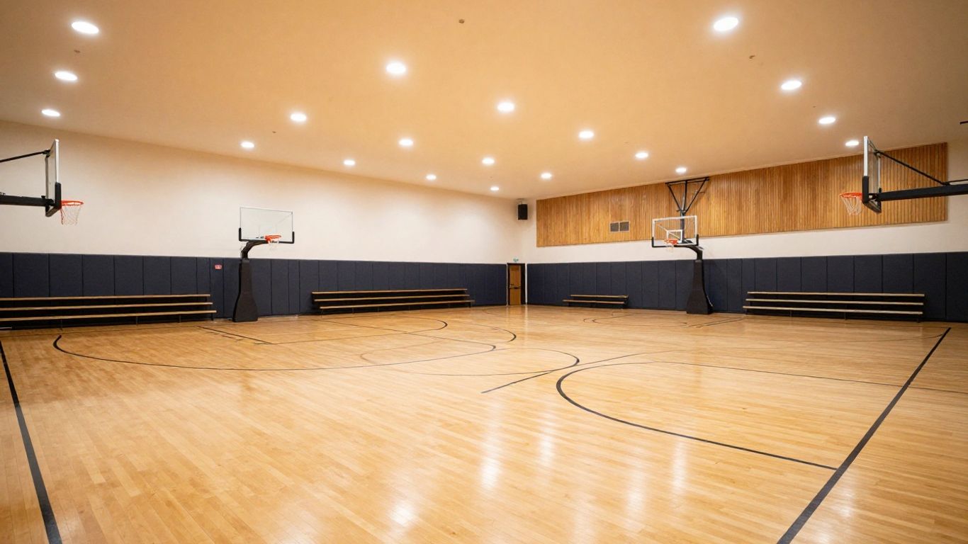 Bright indoor basketball court ready for players