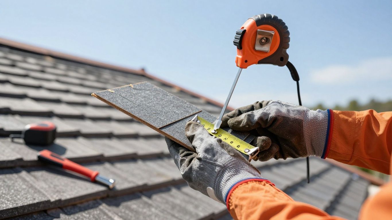 Roofer's hands measuring a shingle on a roof.