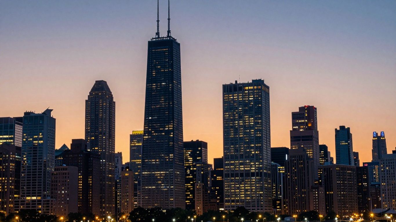 Chicago skyline at dusk with modern skyscrapers.
