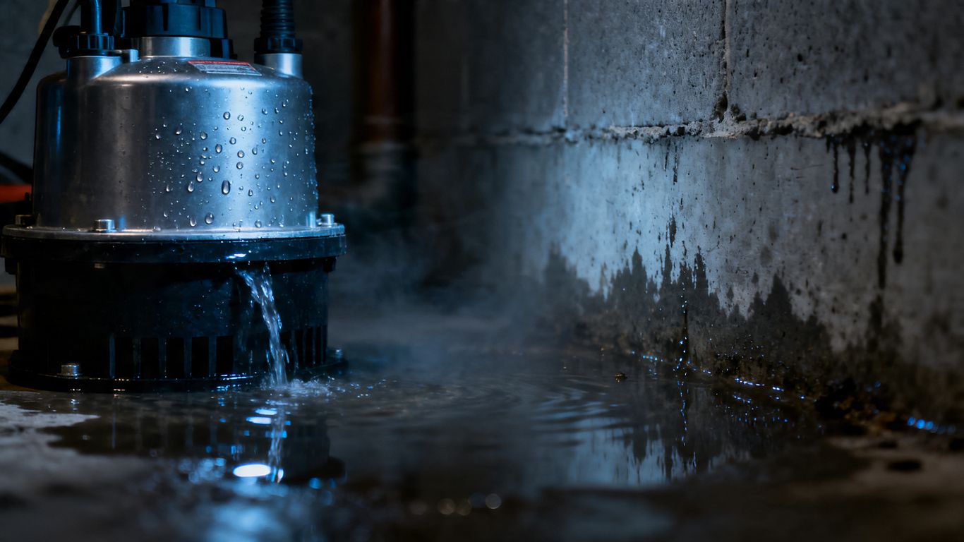 Sump pump working in a wet basement during rainy season.